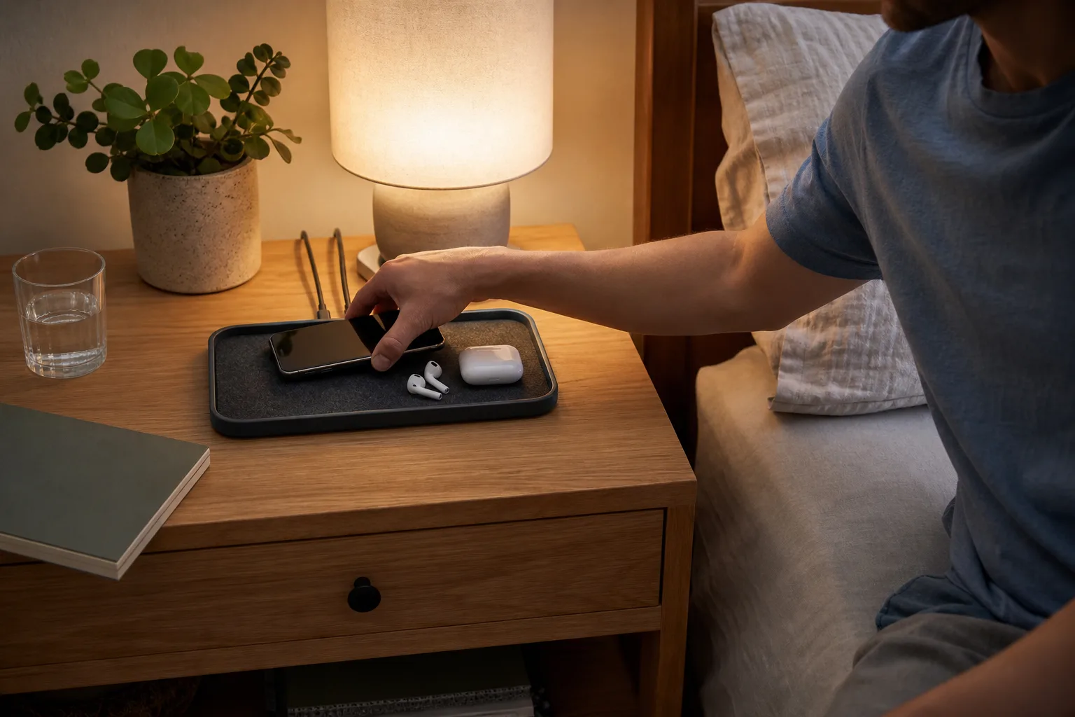 Phone and earbuds charging neatly on a bedside tray