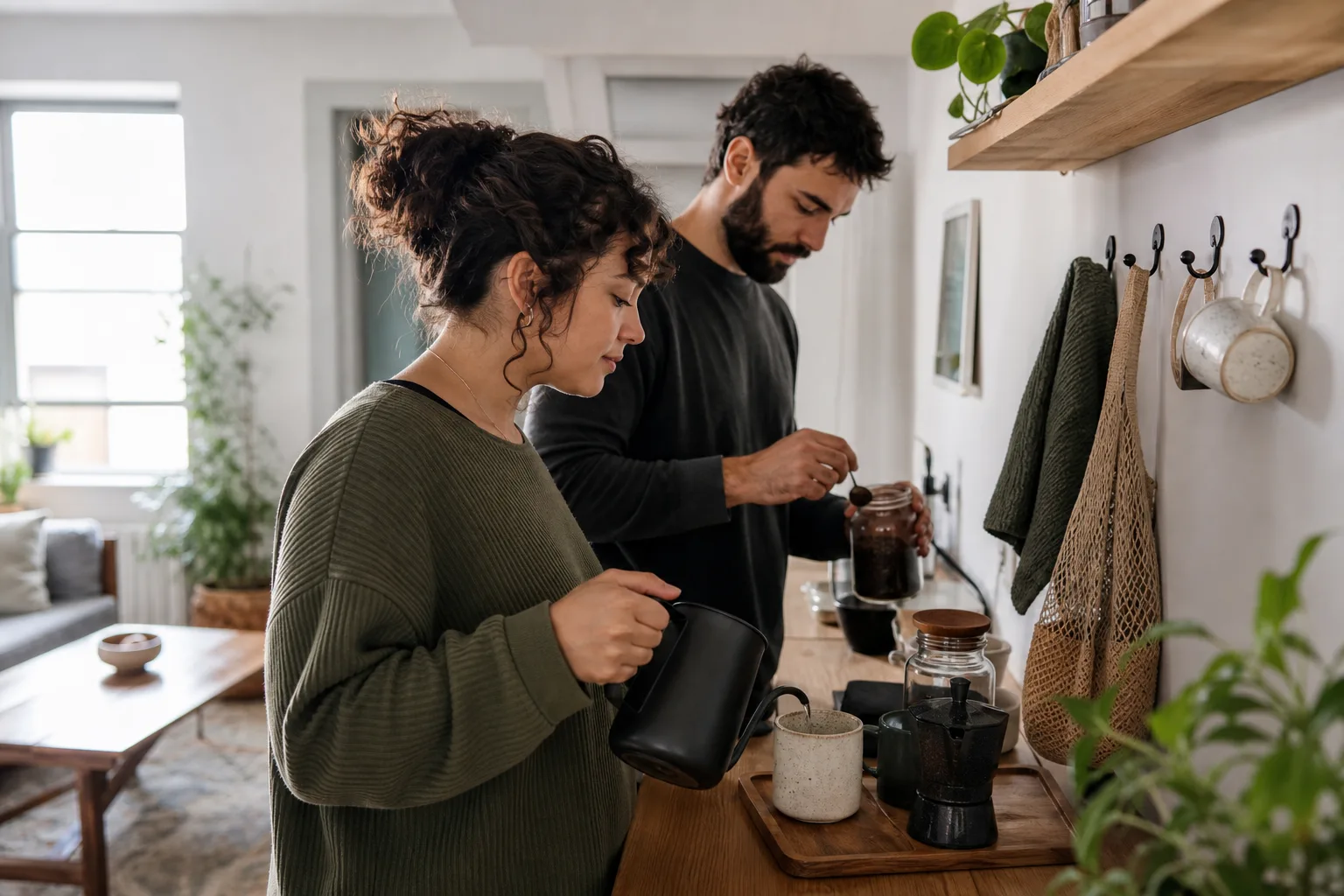 Two adults using a compact coffee station in a shared kitchen