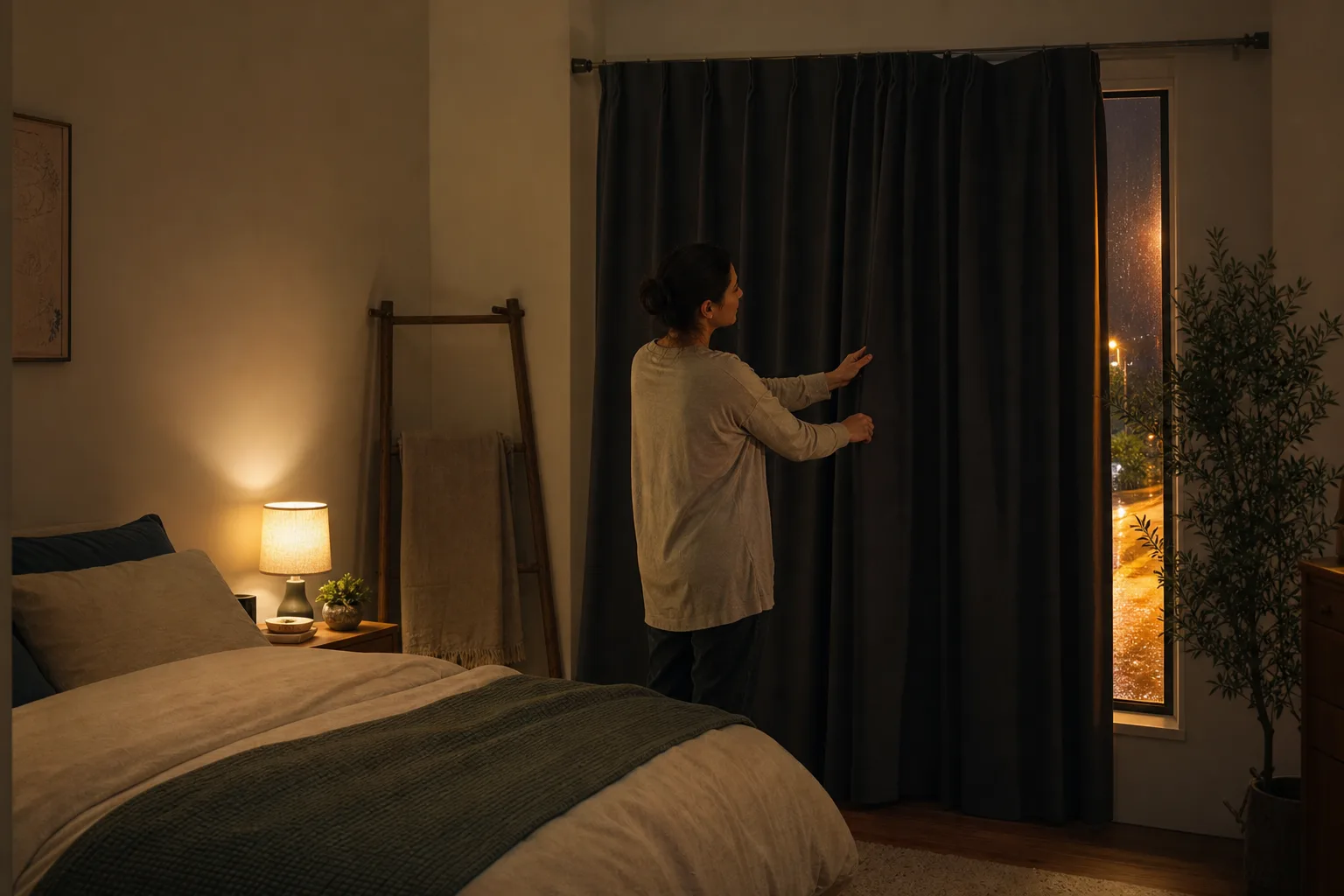Adult closing lined curtains against streetlight glow at night