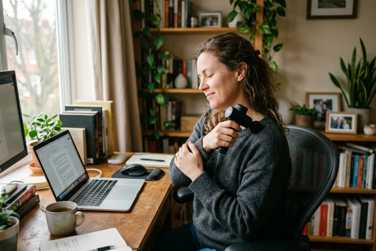 A person sitting at a home desk pressing a small handheld massager against their shoulder during a work break.