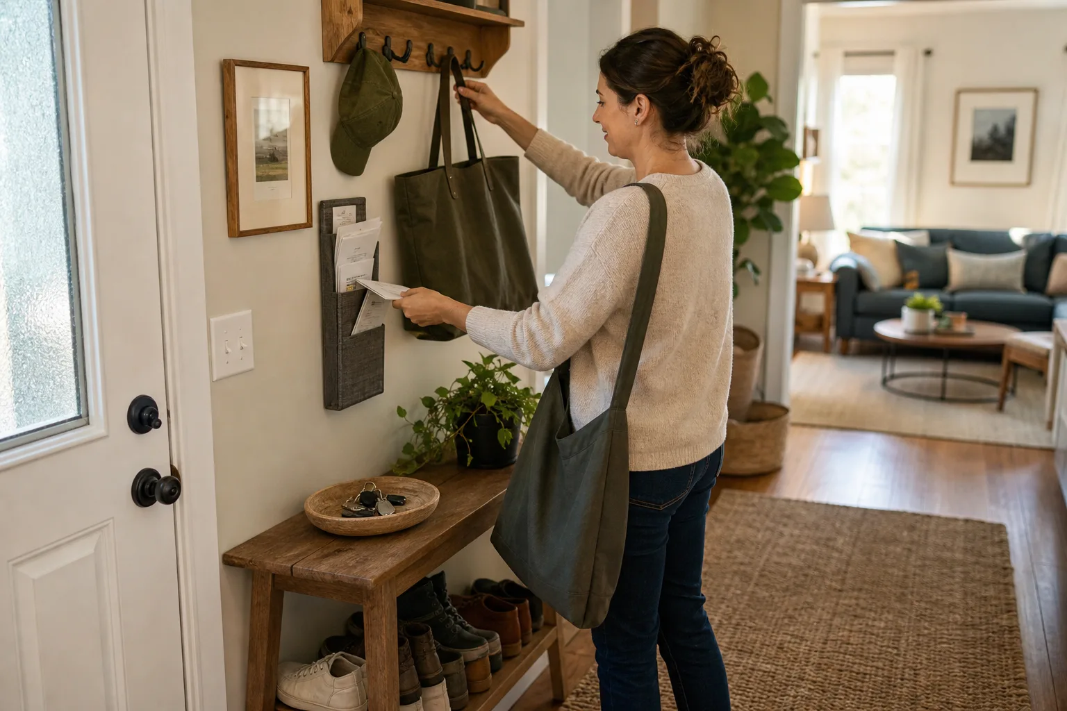 Adult placing keys, mail, and a tote in a compact entryway drop zone