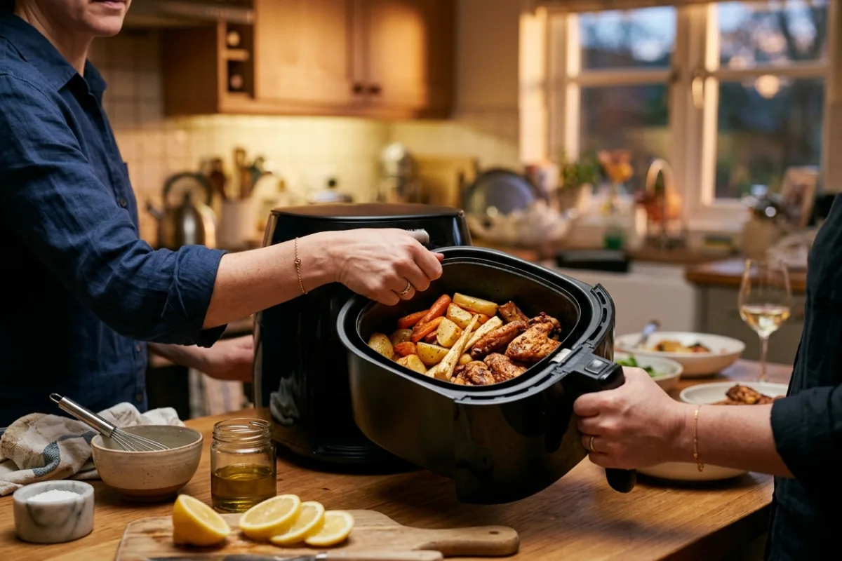 A home cook lifting a basket of golden roasted vegetables and chicken from a countertop air fryer at dinnertime