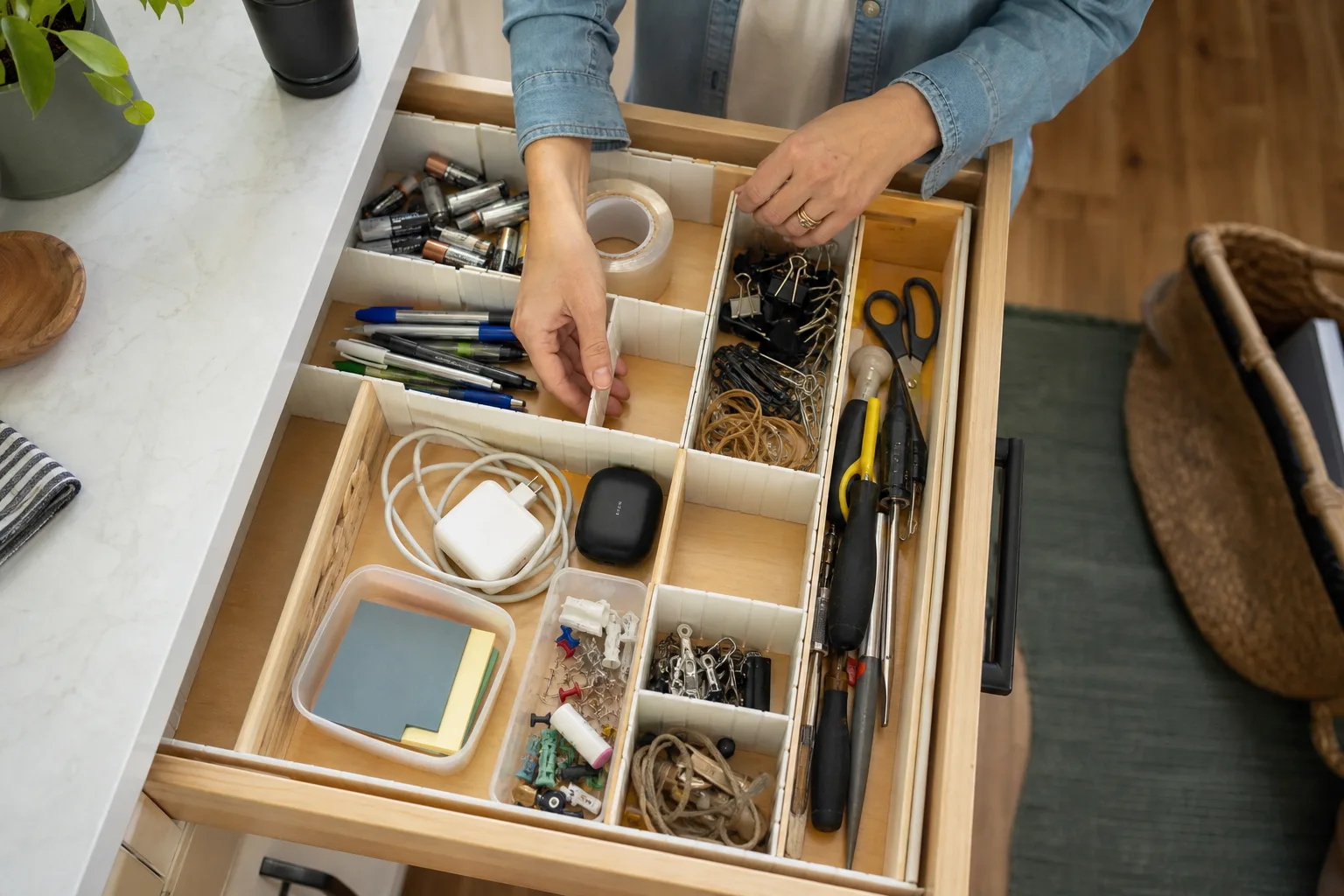 Hands sorting small household supplies with adjustable drawer dividers