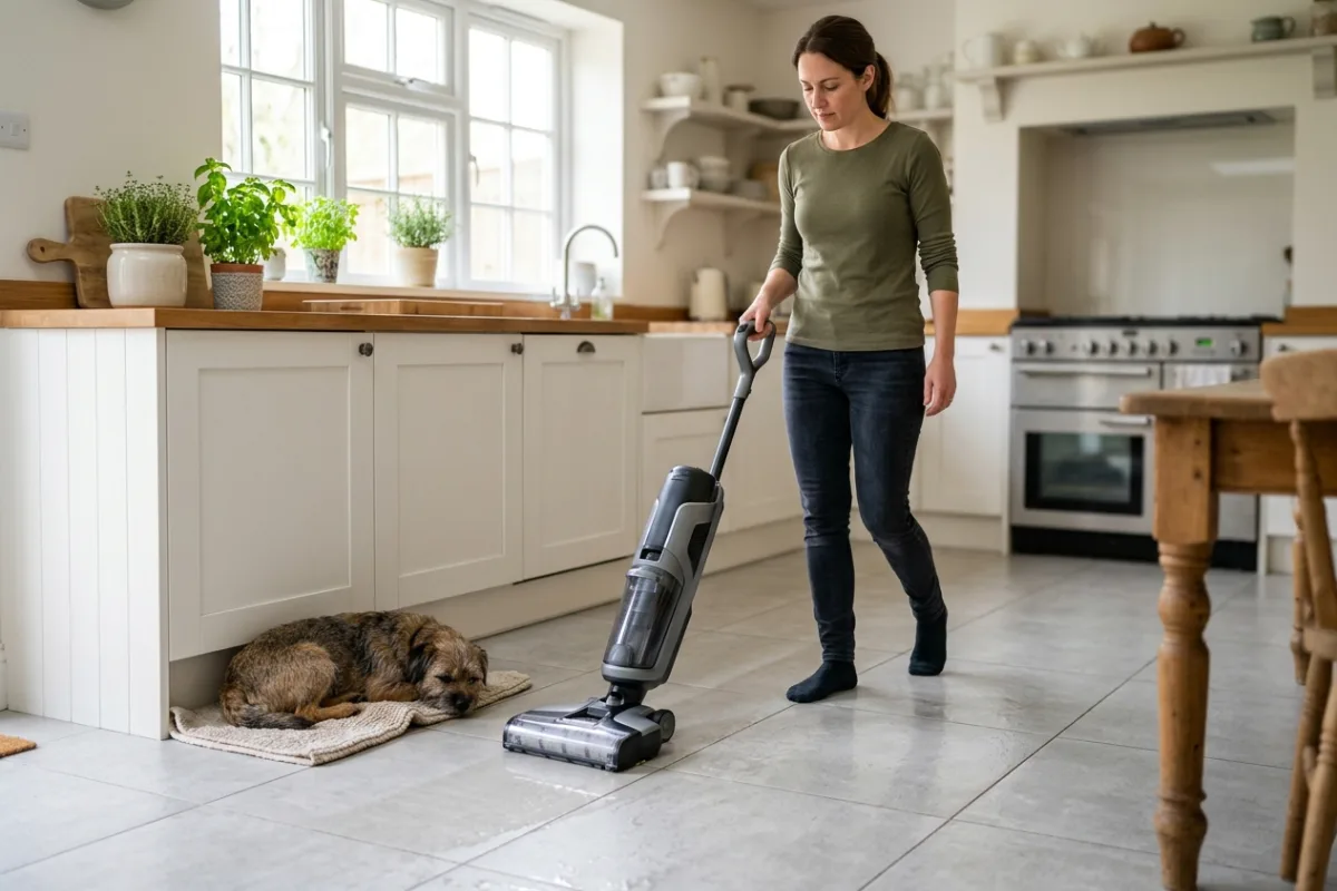 A person guiding a cordless floor washer across a sunlit kitchen tile floor near open shelving.