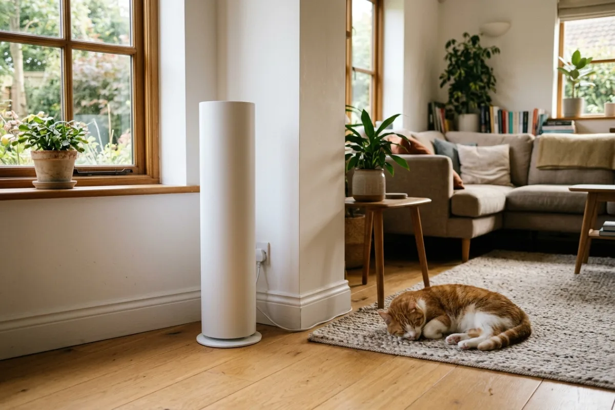 A tall air purifier running quietly in the corner of a sunlit open living room while a cat naps nearby.