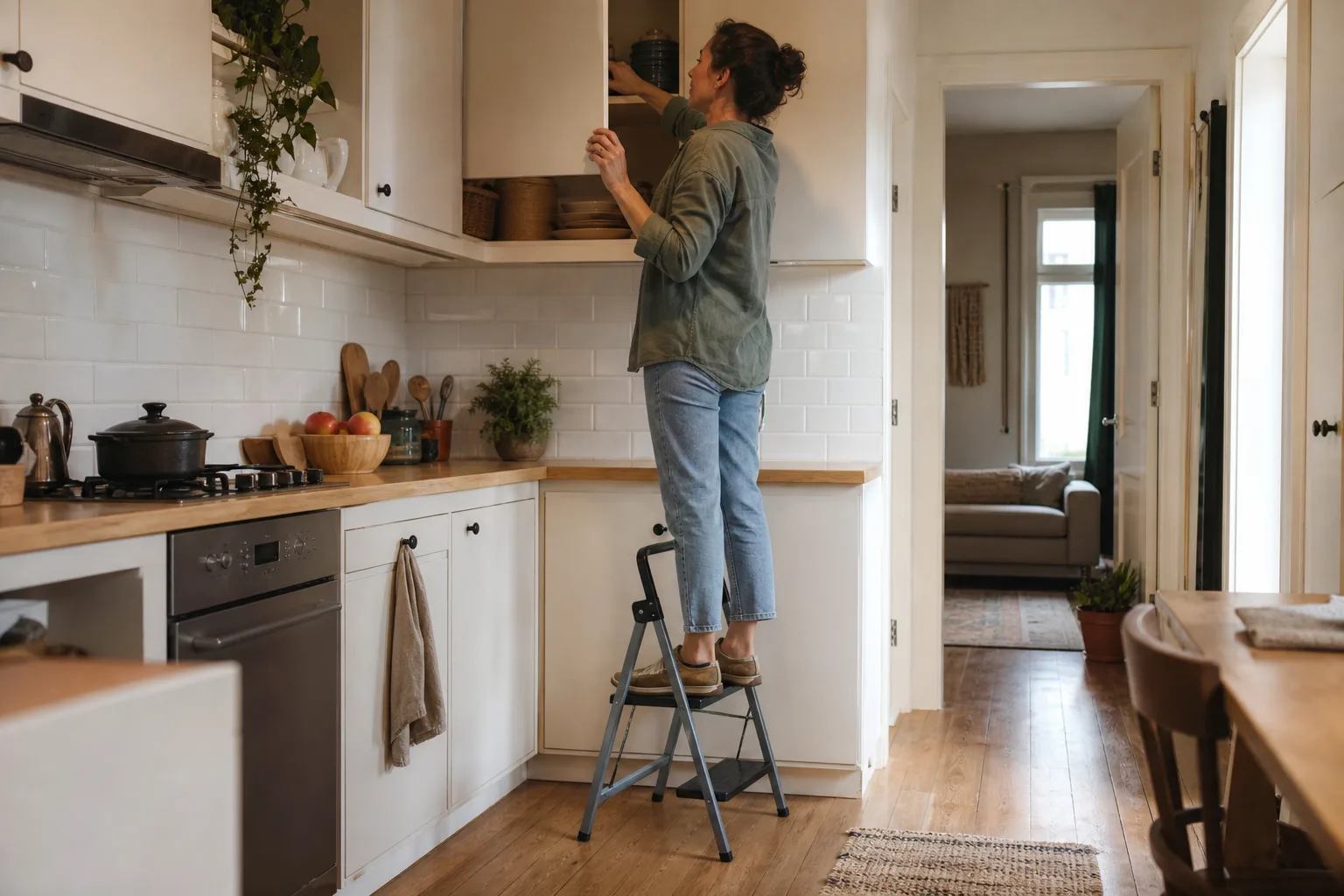 Adult safely using a foldable step stool to reach a high kitchen cabinet