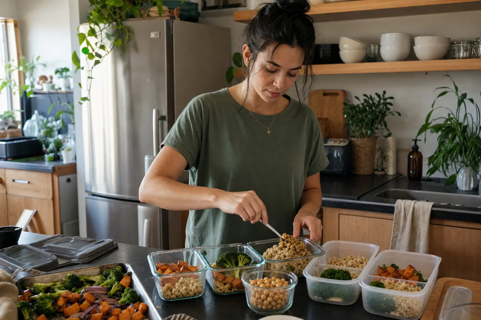 Adult portioning prepared food into reusable glass and plastic containers