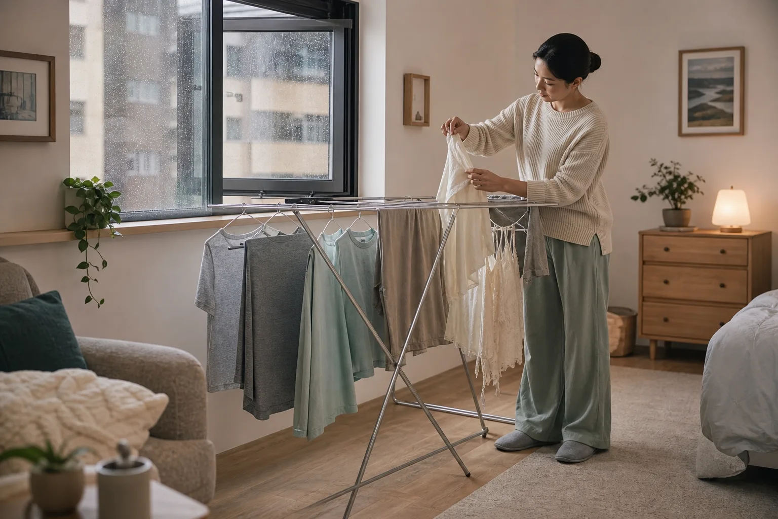 Adult arranging spaced clothing on a drying rack near a window