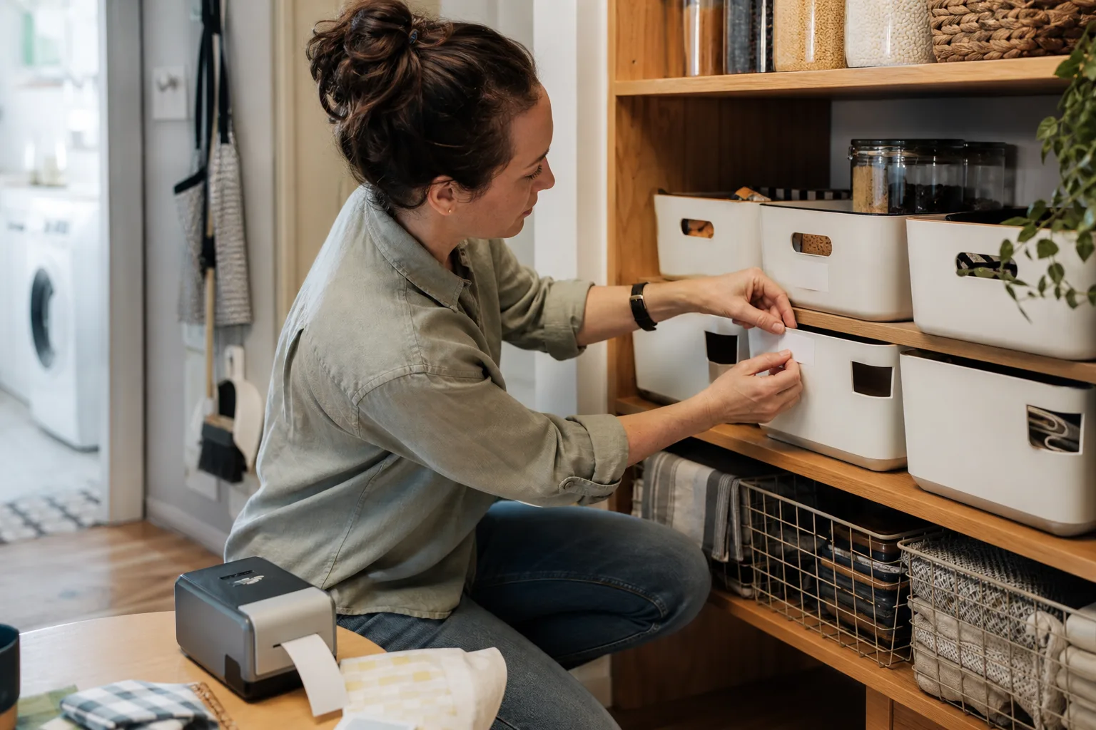 Adult updating a removable label on a household storage bin