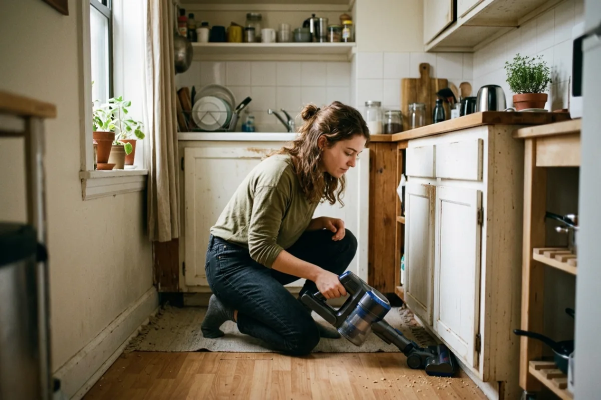 A person quickly vacuuming crumbs off a kitchen floor in a small apartment before guests arrive.