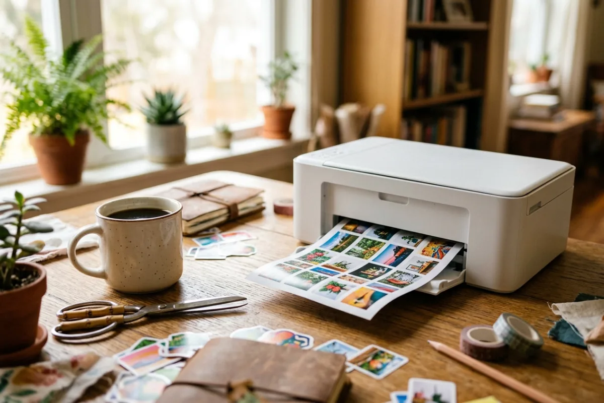 A crafting desk where a compact printer releases a sheet of glossy custom photo stickers ready to peel and use.