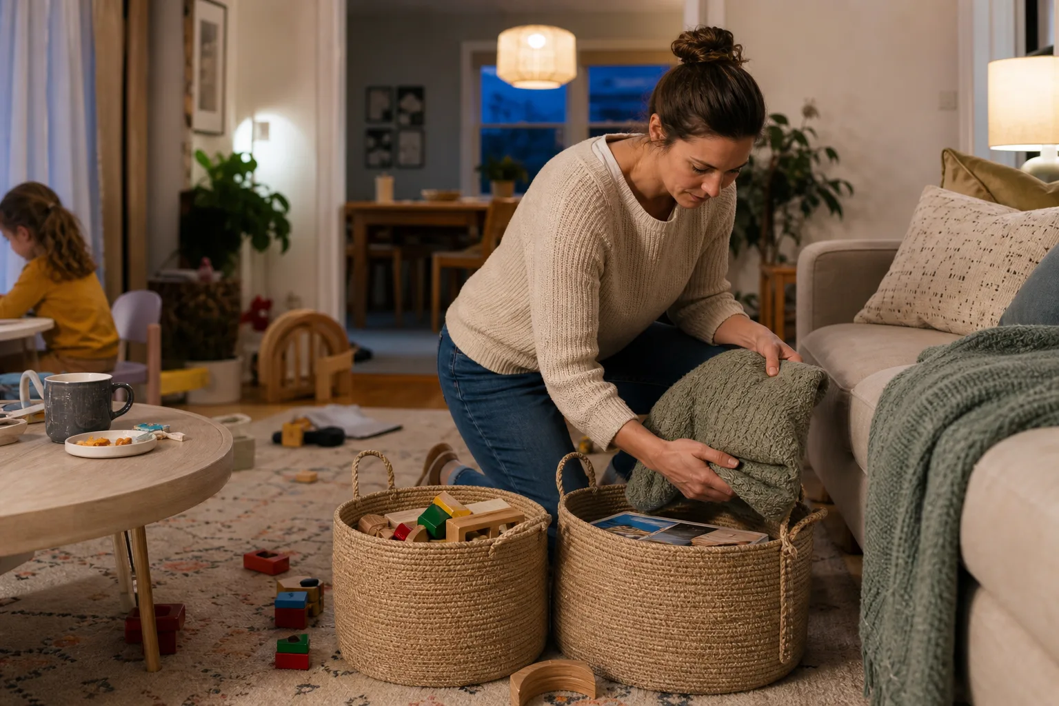 Adult placing a throw and toys into baskets beside a lived-in sofa