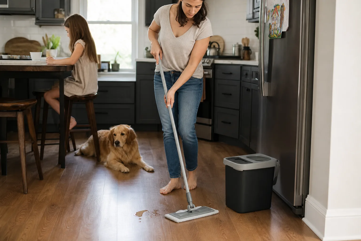 Adult mopping a small kitchen spill with a child and dog in the background
