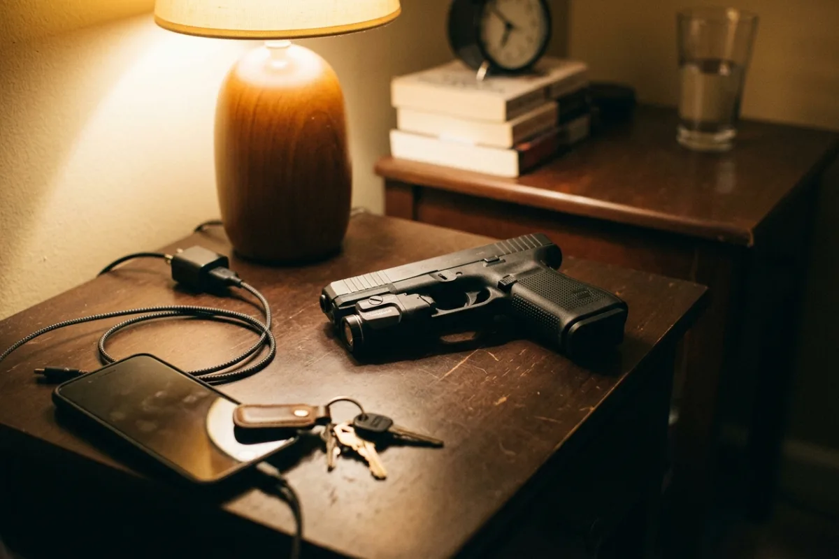 A holstered handgun with a rail-mounted flashlight resting on a nightstand beside a phone and keys