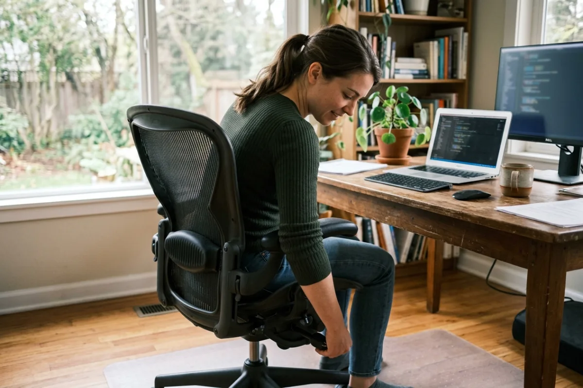 A remote worker adjusts the seat depth of a mesh office chair before an afternoon of video calls.