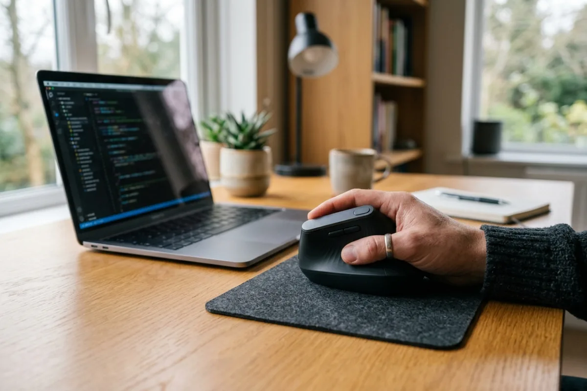 A person rests their hand comfortably on a vertical ergonomic mouse beside a laptop at a home desk.