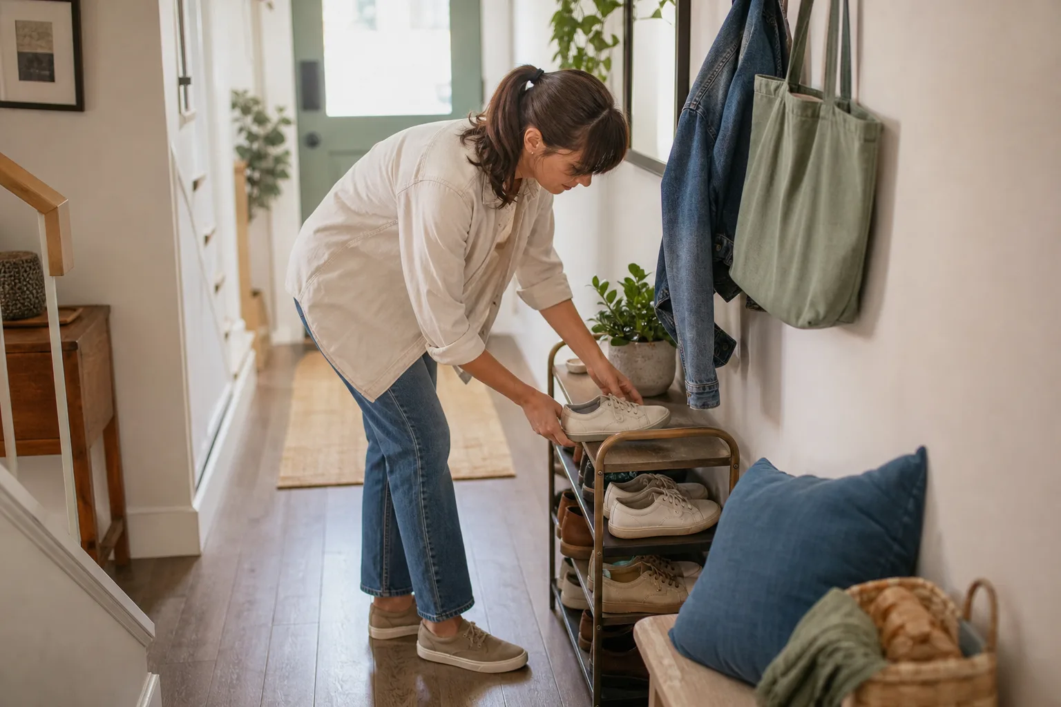 Adult placing shoes into a slim rack in a narrow entryway