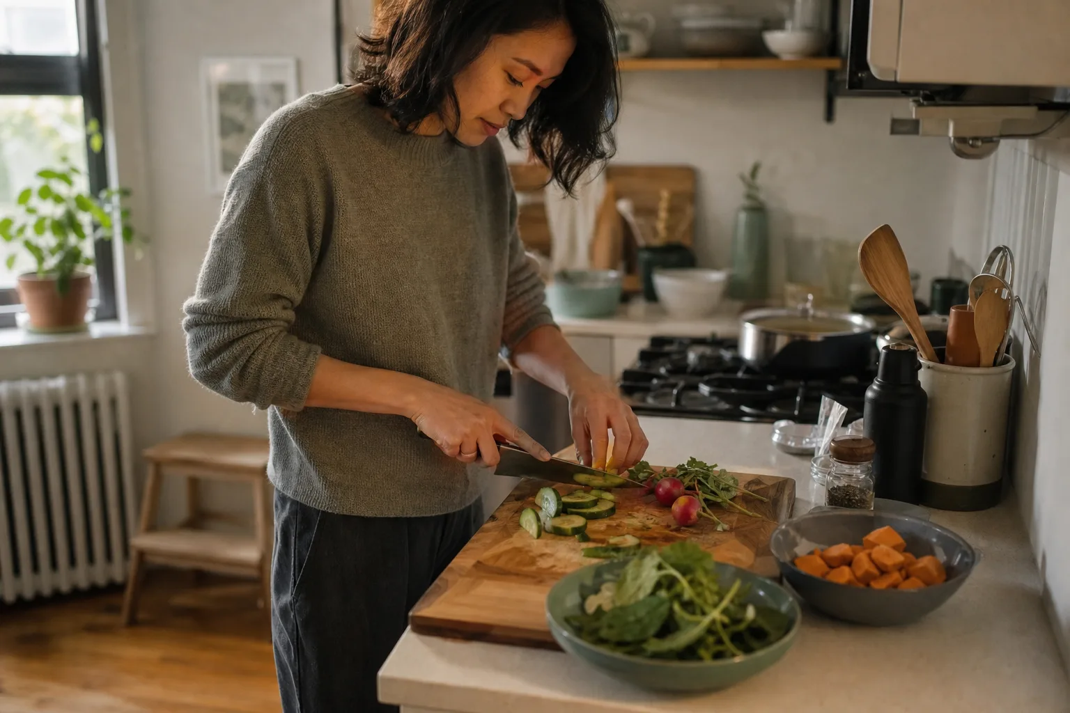 Home cook chopping vegetables on a wooden board in a compact kitchen