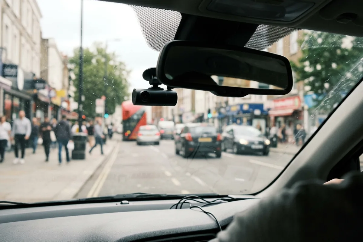 A dash cam mounted behind a car's rearview mirror recording city traffic through the windshield at dusk.